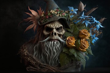 generative ai The head of a skeleton wizard with a bouquet of flowers