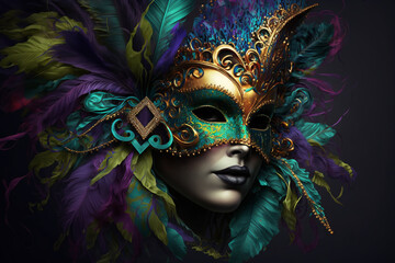 Mysterious woman in carnival Mardi Gras mask with lush long feathers in blue-green, purple and gold colors on a dark gray background. Digital Illustration generated by AI. - obrazy, fototapety, plakaty