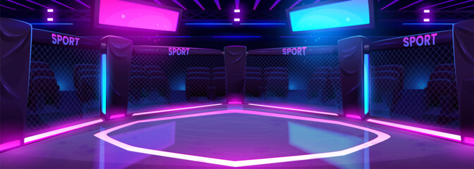 Cartoon boxing ring illuminated with neon lights. Vector illustration of arena with ropes for sports competition, wrestling match, night show. Empty seats, blank score screens. Betting app background