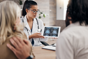 Neurology, results on tablet and doctor with couple, mri brain scan or x ray diagnosis for cancer....
