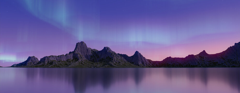 Blue Aurora Sky over Rocky Landscape. Beautiful Northern Lights Wallpaper with copy-space.