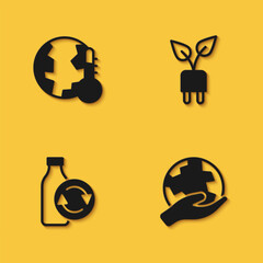 Set Earth melting to global warming, Hand holding globe, Recycling plastic bottle and Electric saving plug leaf icon with long shadow. Vector