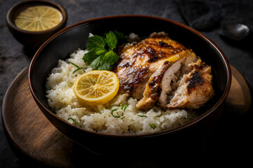 Rice Bowl With Grilled Chicken Breast And Lemon Blurry Background Created With Generative AI Technology
