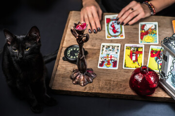 A black cat is sitting near the fortuneteller's table. A woman lays out the tarot cards by the...