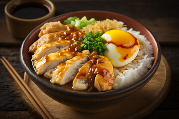 Rice Bowl with Chicken Teriyaki And Boiled Egg Created With Generative AI Technology