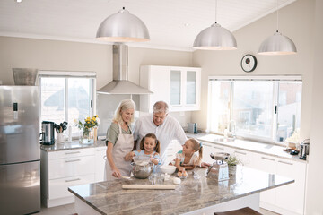 Baking, senior family and children in kitchen bonding, love and learning in morning with breakfast help. Real people or grandparents and girl kids teaching, cooking and food with home development