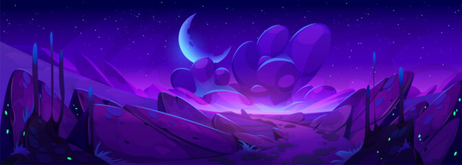 Alien space planet landscape with purple rocks and stones. Vector cartoon illustration of fantasy cosmos land surface, neon color moon, stars and clouds glowing in night sky. Game interface background