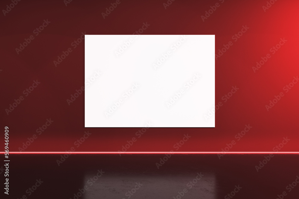 Poster creative red stage interior with blank white mock up poster on wall. performance and advertisement c