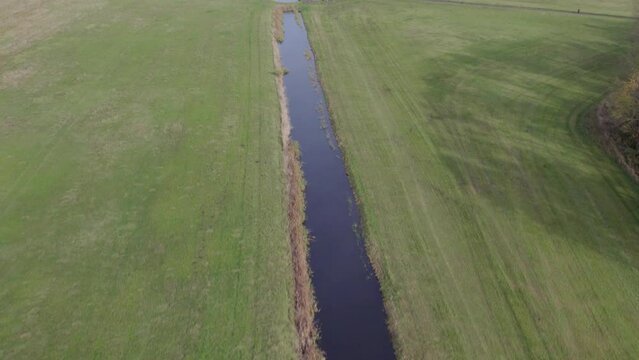 Areal footage of place called Uetz in Brandenburg, Germany. Autumn colors and atmosphere, view of water channel running through fields.