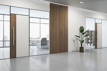 Bright wooden and concrete office hallway interior with furniture, window with city view and daylight. 3D Rendering.