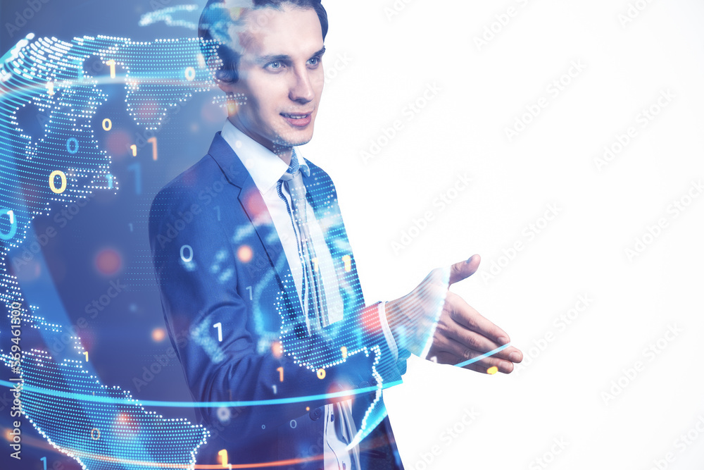 Aufkleber Side view of young businessman shaking hand with abstract globe sphere with coding and polygonal network on blurry white background. Future, technology and digital world concept. Double exposure.