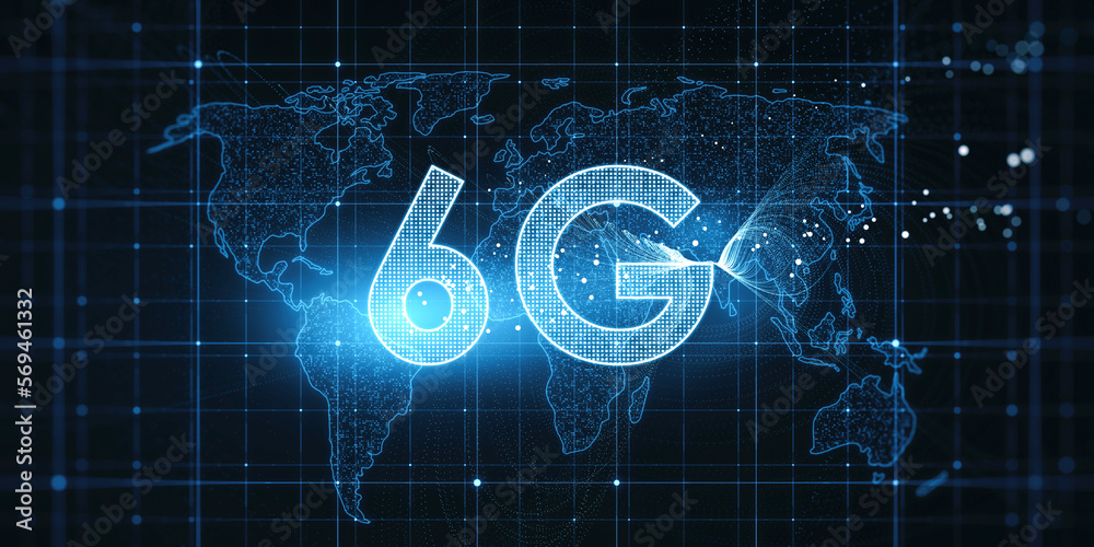 Poster Global wireless and high speed internet connection concept with digital glowing 6g symbol on world map technological background. 3D rendering