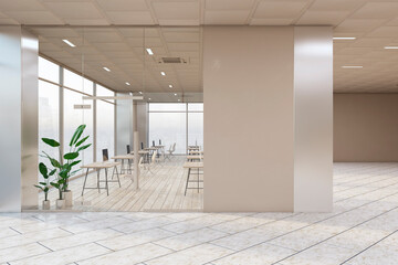 Contemporary glass coworking interior with furniture and blank mock up place on wall. 3D Rendering.