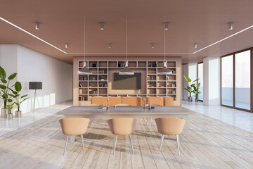 Bright concrete and wooden dining room interior with furniture and daylight. 3D Rendering.