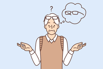 Sad man spreads arms thinking about glasses that have ceased to solve vision problems
