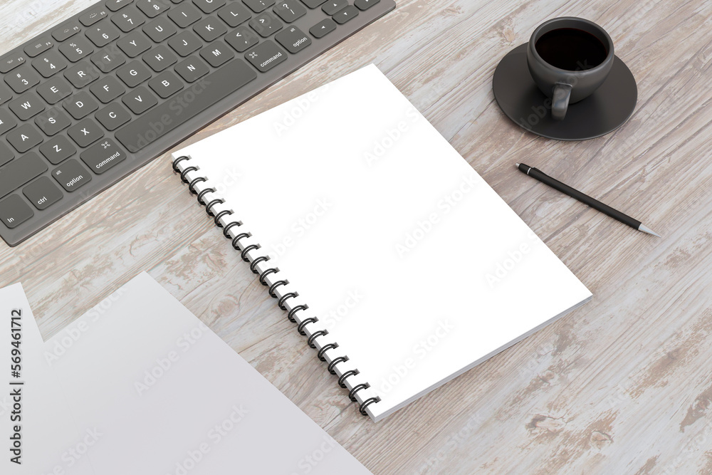 Poster top view of wooden desktop with blank white notepad, pen and coffee cup. workspace concept. 3d rende