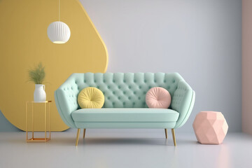 Pastel Colored Sofa and Plant in a Modern Interior Room 3D Rendered Created With Generative AI