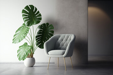 Simple Neutral Color Armchair with Plant In A Modern Interior Room Created With Generative AI Technology