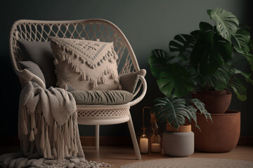 White Armchair And Plant in Scandinavian Style Living Room Interior Created With Generative AI