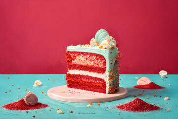 Sliced Red Velvet Cake With Rainbow Sparkles Topping and Flat Background Created With Generative AI
