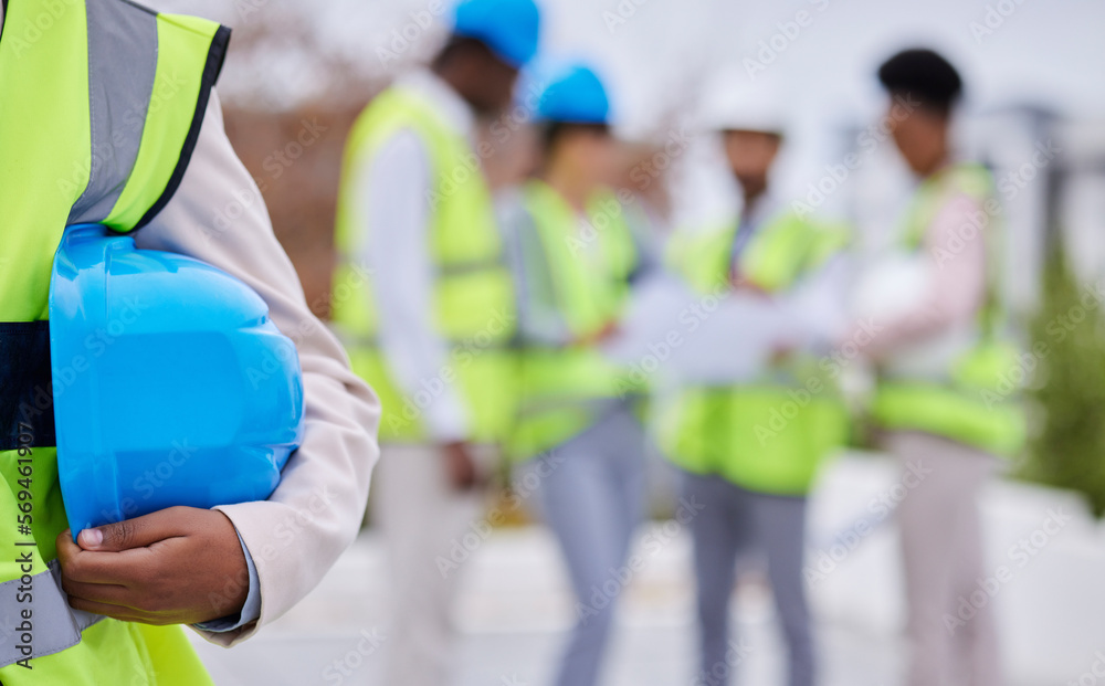 Poster Construction, building and team of engineers on site for creative, planning and blurred background. Builder, safety and architect with group for thinking, problem solving and engineering on mockup