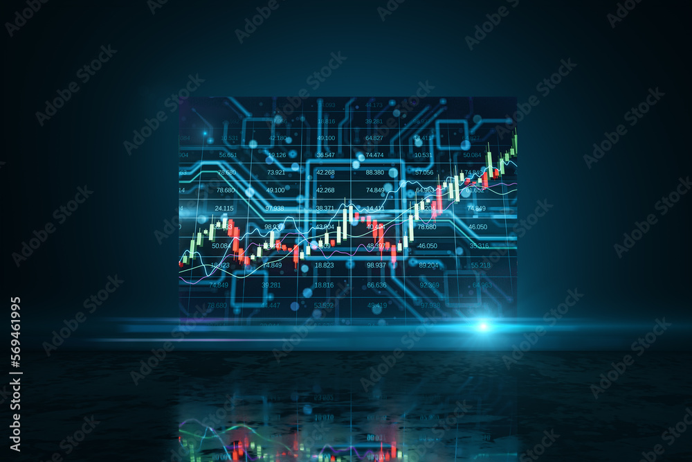 Poster Stock market growth, business investing and data concept with digital financial chart graphs, diagrams and indicators on dark screen in empty hall with dark wall background. 3D rendering
