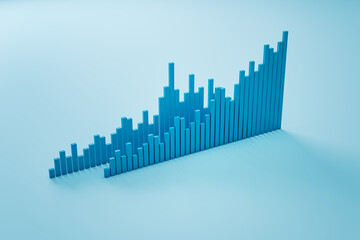 Market growth and investing concept with blue graphic volumetric financial chart graph isolated on light blue background. 3D rendering