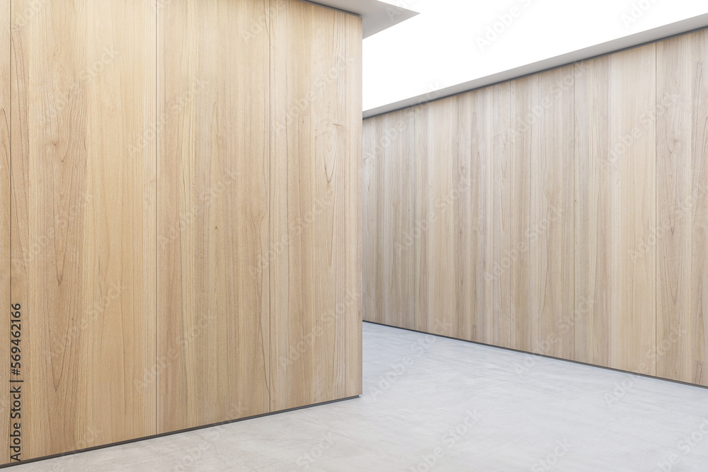 Poster abstract blank wooden walls in empty corridor with place for advertising posters and light grey conc