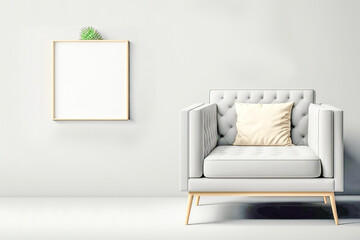White mockup wall in an interior with a gray sofa, beige pillows, and a potted green plant. Illustration of blank space on the right. Generative AI
