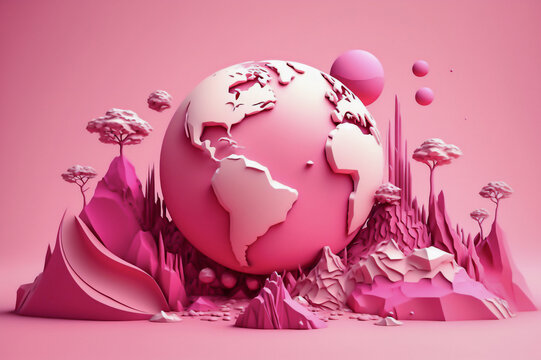 Abstract planet earth 3d, pink planet feminism. Generative AI