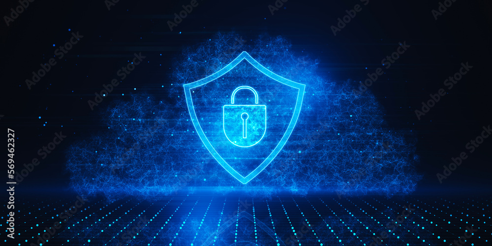 Aufkleber Cyber security and privacy protection concept with digital padlock in virtual blue glowing shield on dark background with data net visualization. 3D rendering