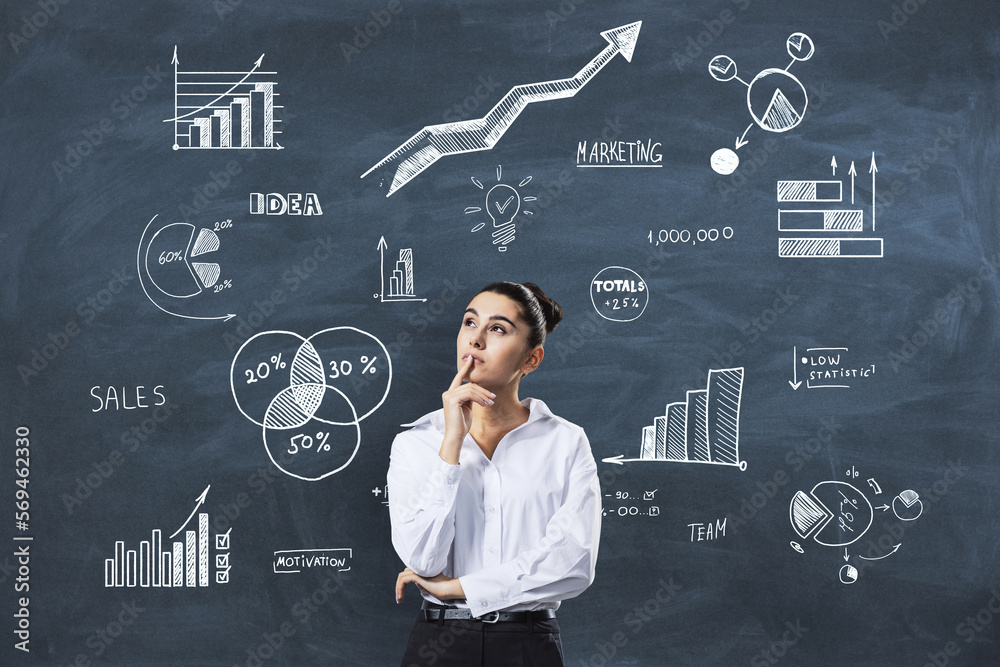 Aufkleber business data analysis and idea concept with pensive woman on blackboard with hand written stats ind