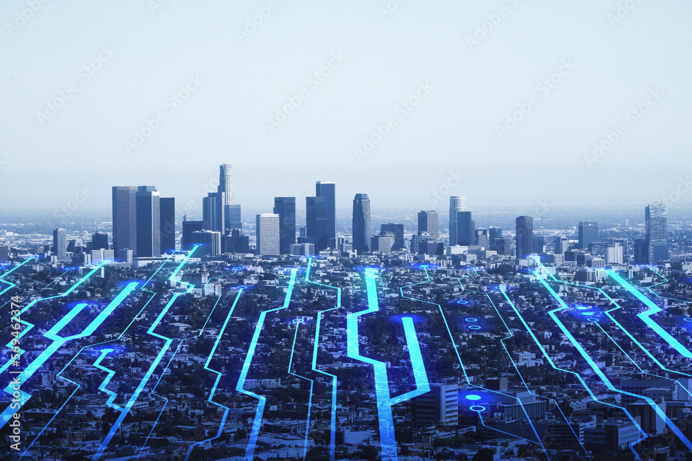 Aufkleber internet of things, high speed connection and smart city concept with digital circuit lines covering