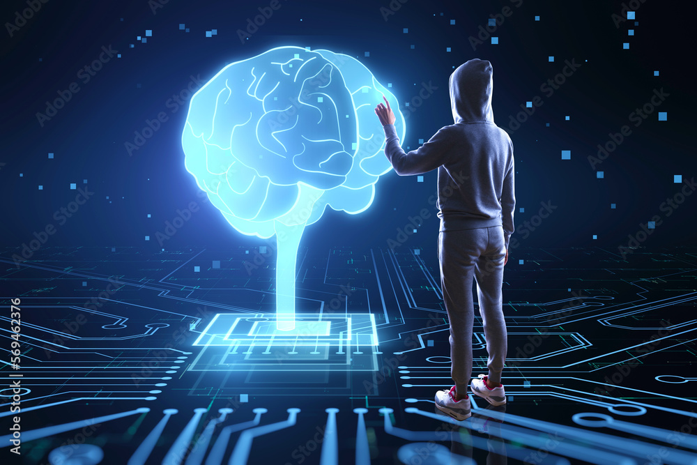 Aufkleber Hacker using glowing circuit brain hologram on dark background. AI, hacking, data theft, machine learning and futuristic technology concept.