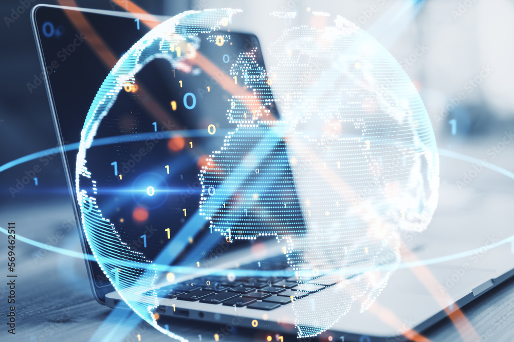 Poster Close up of laptop with abstract globe sphere with coding and polygonal network on blurry background. Future, technology and digital world concept. Double exposure.