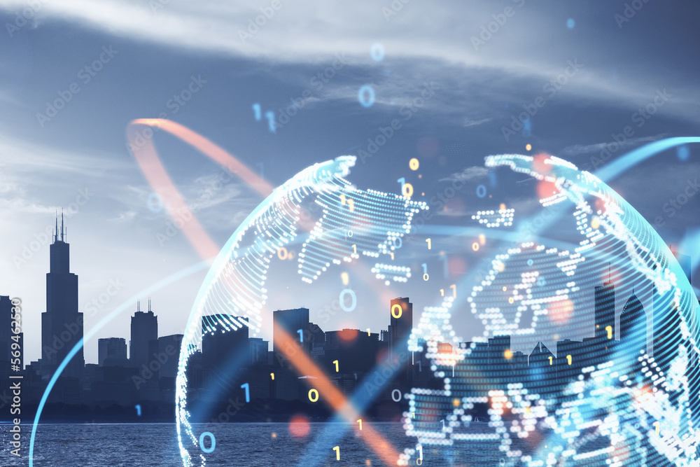 Poster abstract globe sphere with coding and polygonal network on blurry city wallpaper. future, technology