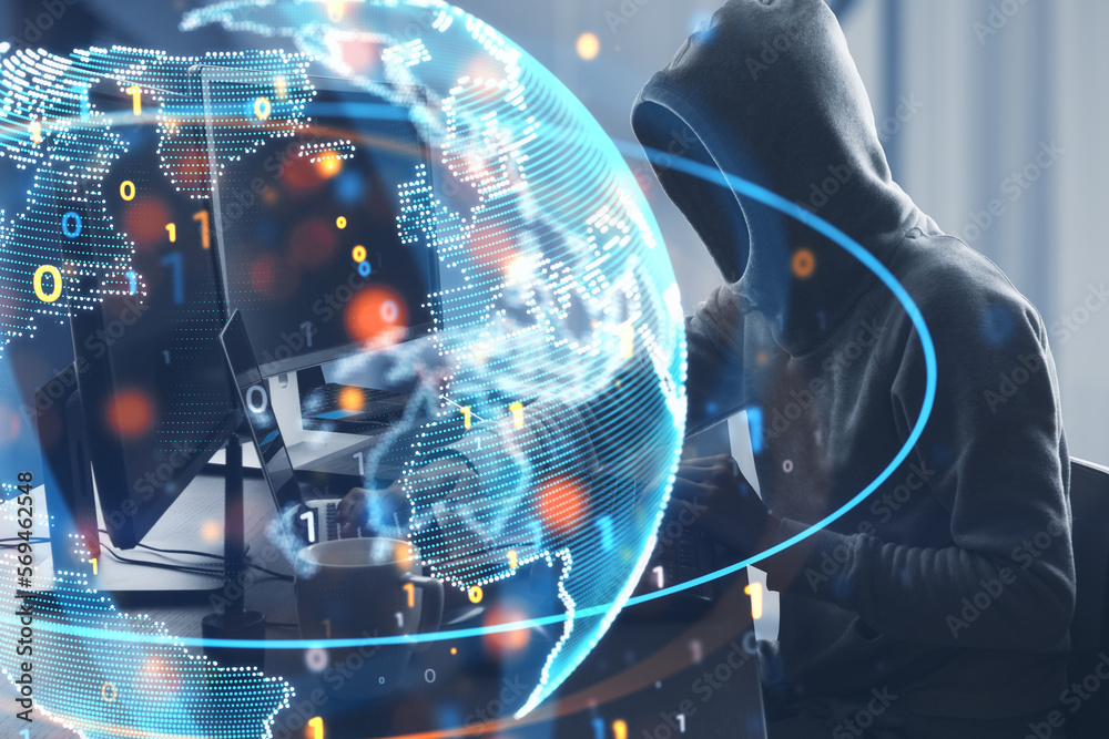 Aufkleber hacker using computers at desktop with abstract globe sphere hologram with coding and polygonal network on blurry office interior background. Future, hacking