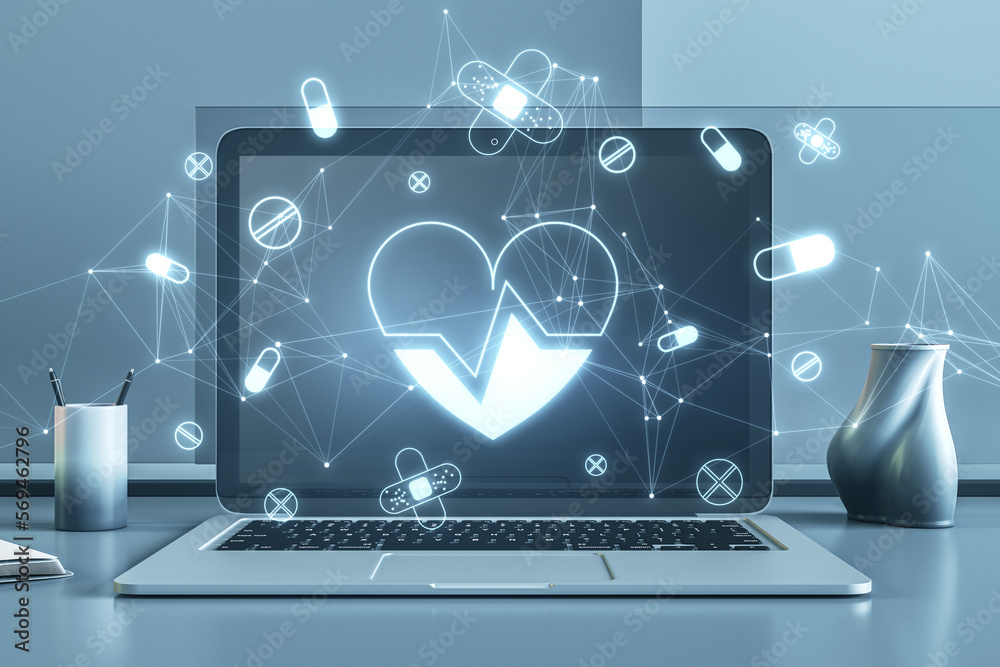 Poster close up of laptop with digital heart hologram on workplace. digital test and laboratory concept. do