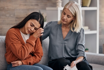 Sad woman, therapist and care for understanding in support for addiction, mental health or counseling. Female counselor or shrink helping crying patient in healthcare, therapy session or meeting - obrazy, fototapety, plakaty