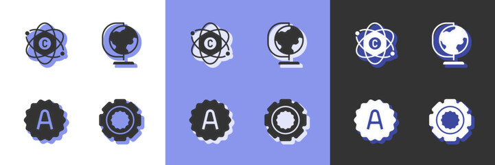 Set Gear, Atom, Exam sheet with plus grade and Earth globe icon. Vector
