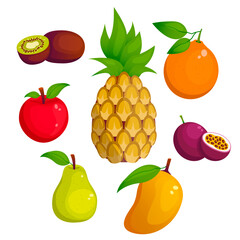 Set of cartoon fruits. Pineapple, apple, orange, kiwi, pear, mango, passion fruit. Vector graphic.	