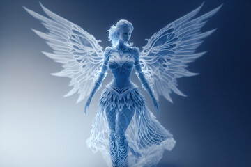 An angel. Non-existent person. Blue lighting. Post-processed generative AI