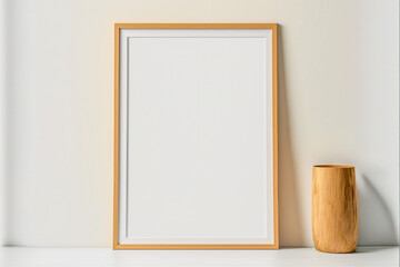 Minimalist copy space empty wooden frame white wall mock Generative Ai