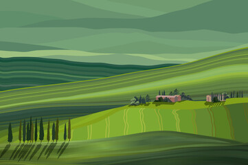 Typical green landscape of Tuscany hills, Italy, realistic vector illustration