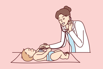 Woman pediatrician using stethoscope to listen to heartbeat of nursing baby at routine medical checkup. Kid lies near girl in white coat who takes care of health of small patient