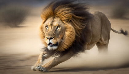 A lion stalks prey in the savannah. Post-processed generative AI