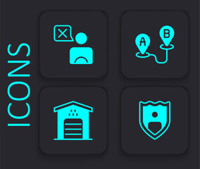 Set Life insurance with shield, Taxi driver, Route location and Garage for taxi car icon. Black square button. Vector