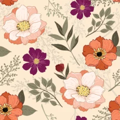 Fotobehang vector  seamless pattern with hand drawn flower and leave © Aomiip