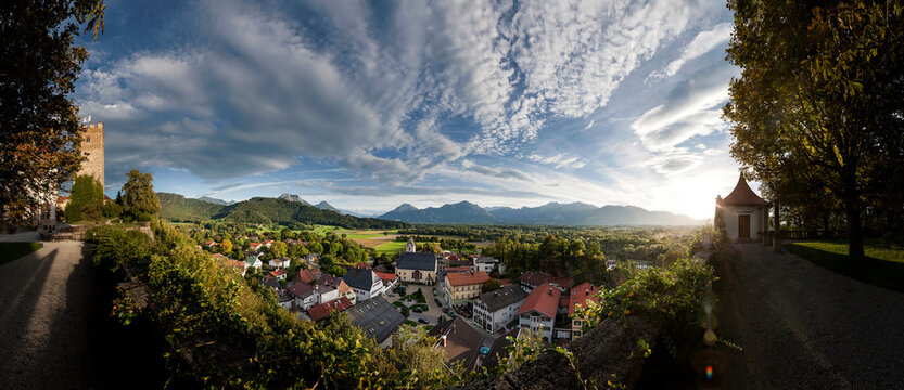 High angle view of village during sunrise, Neubeuern, Bavaria, Germany