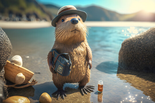 Portrait d'un castor en vacances &agrave; la mer &raquo; IA g&eacute;n&eacute;rative